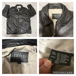 IZOD Leather Mens L Lined Black Collared Leather Jacket Full Zip Bomber Flight